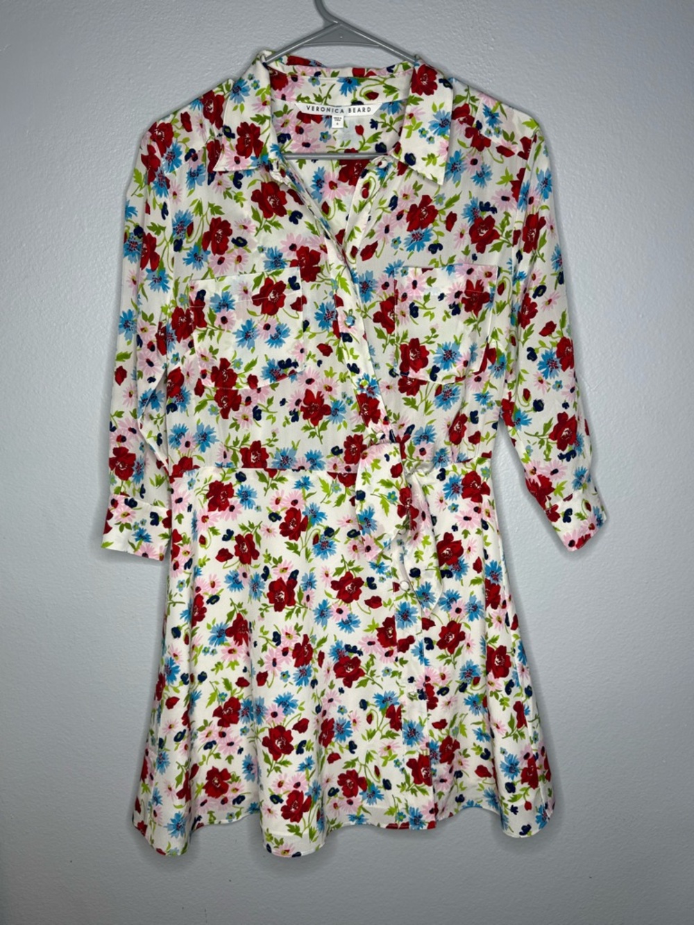 Veronica Beard White Floral Wrap Shirt Dress with Red & Blue Blooms
